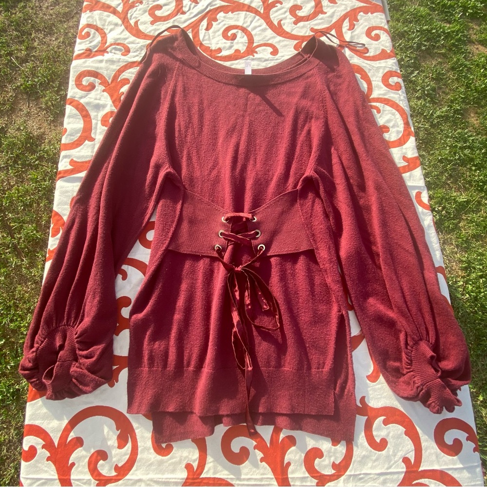 Leith Sweater Dress Long Sleeve Red Oversized Puffy Dress tie waist size xs - Picture 3 of 15